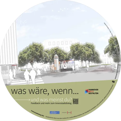Visualisierung, die Menschen auf einem Platz zeigt. Im Hintergrund Gebäude.